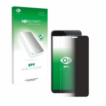 Parte frontal de un envase de producto con el logotipo de la marca upscreen. Al lado se muestra el dispositivo Honor 8 con su 