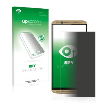 Parte frontal de un envase de producto con el logotipo de la marca upscreen. Al lado se muestra el dispositivo ZTE Axon 7 con 