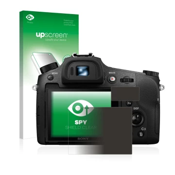 Parte frontal de un envase de producto con el logotipo de la marca upscreen. Al lado se muestra el dispositivo Sony Cyber-Shot