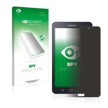Parte frontal de un envase de producto con el logotipo de la marca upscreen. Al lado se muestra el dispositivo Samsung Galaxy 
