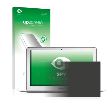 Parte frontal de un envase de producto con el logotipo de la marca upscreen. Al lado se muestra el dispositivo Apple MacBook A