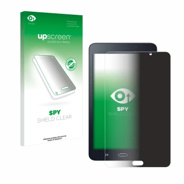 Parte frontal de un envase de producto con el logotipo de la marca upscreen. Al lado se muestra el dispositivo Samsung Galaxy 