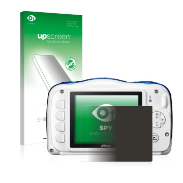 Parte frontal de un envase de producto con el logotipo de la marca upscreen. Al lado se muestra el dispositivo Nikon Coolpix W
