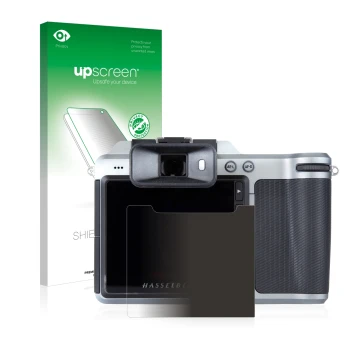 Parte frontal de un envase de producto con el logotipo de la marca upscreen. Al lado se muestra el dispositivo Hasselblad X1D-