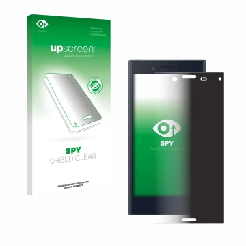 Parte frontal de un envase de producto con el logotipo de la marca upscreen. Al lado se muestra el dispositivo Sony Xperia X C
