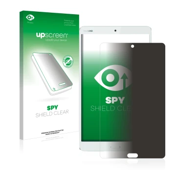 Parte frontal de un envase de producto con el logotipo de la marca upscreen. Al lado se muestra el dispositivo Huawei MediaPad