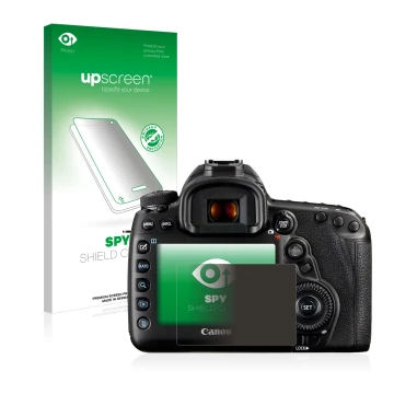 Parte frontal de un envase de producto con el logotipo de la marca upscreen. Al lado se muestra el dispositivo Canon EOS 5D Ma