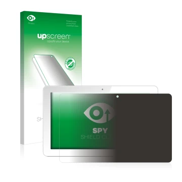 Parte frontal de un envase de producto con el logotipo de la marca upscreen. Al lado se muestra el dispositivo Odys Rise 10 Qu