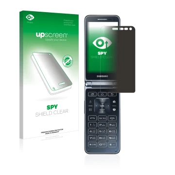 Parte frontal de un envase de producto con el logotipo de la marca upscreen. Al lado se muestra el dispositivo Samsung Galaxy 