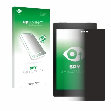 Parte frontal de un envase de producto con el logotipo de la marca upscreen. Al lado se muestra el dispositivo Amazon Fire HD 