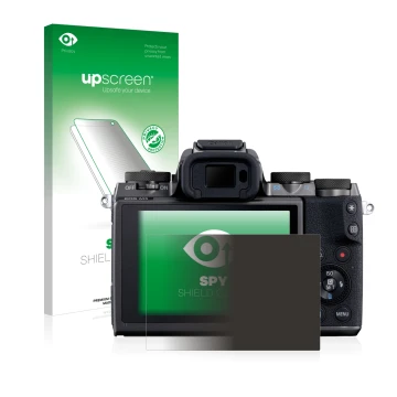 Parte frontal de un envase de producto con el logotipo de la marca upscreen. Al lado se muestra el dispositivo Canon EOS M5 co