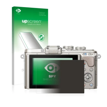 Parte frontal de un envase de producto con el logotipo de la marca upscreen. Al lado se muestra el dispositivo Olympus PEN E-P