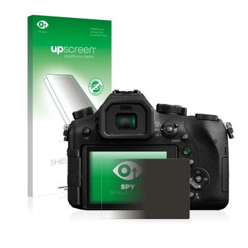 Parte frontal de un envase de producto con el logotipo de la marca upscreen. Al lado se muestra el dispositivo Panasonic Lumix