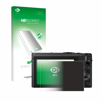 Parte frontal de un envase de producto con el logotipo de la marca upscreen. Al lado se muestra el dispositivo Panasonic Lumix