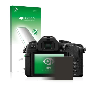 Parte frontal de un envase de producto con el logotipo de la marca upscreen. Al lado se muestra el dispositivo Panasonic Lumix
