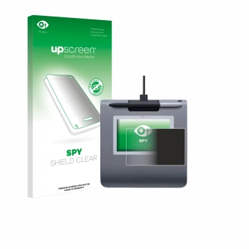 Parte frontal de un envase de producto con el logotipo de la marca upscreen. Al lado se muestra el dispositivo Wacom STU-430 c