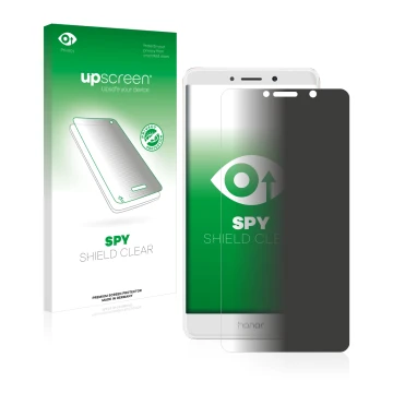 Parte frontal de un envase de producto con el logotipo de la marca upscreen. Al lado se muestra el dispositivo Honor 6X con su