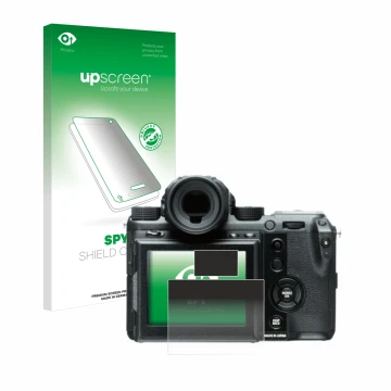 Parte frontal de un envase de producto con el logotipo de la marca upscreen. Al lado se muestra el dispositivo Fujifilm GFX50S