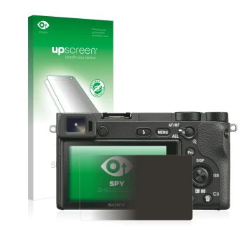 Parte frontal de un envase de producto con el logotipo de la marca upscreen. Al lado se muestra el dispositivo Sony Alpha 6500