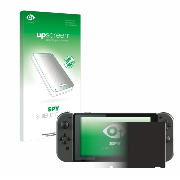 Parte frontal de un envase de producto con el logotipo de la marca upscreen. Al lado se muestra el dispositivo Nintendo Switch