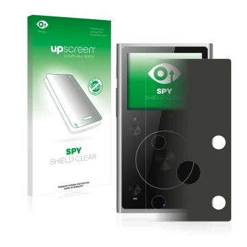 Parte frontal de un envase de producto con el logotipo de la marca upscreen. Al lado se muestra el dispositivo FiiO X1 II con 
