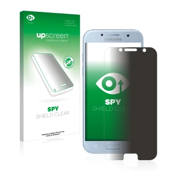 Parte frontal de un envase de producto con el logotipo de la marca upscreen. Al lado se muestra el dispositivo Samsung Galaxy 