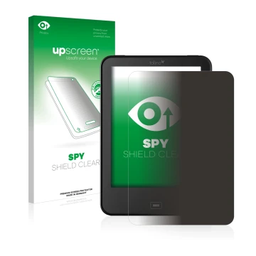 Parte frontal de un envase de producto con el logotipo de la marca upscreen. Al lado se muestra el dispositivo Tolino Vision 4