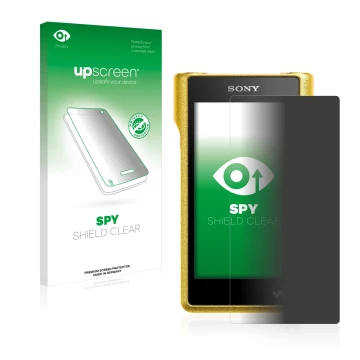 Parte frontal de un envase de producto con el logotipo de la marca upscreen. Al lado se muestra el dispositivo Sony Walkman NW
