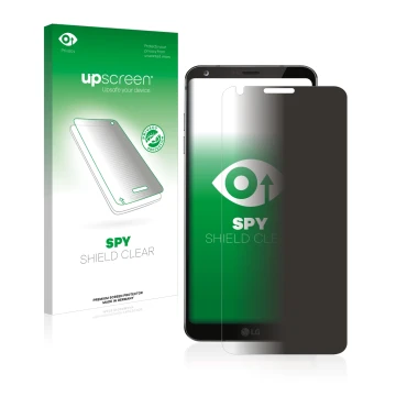 Parte frontal de un envase de producto con el logotipo de la marca upscreen. Al lado se muestra el dispositivo LG G6 con su pr