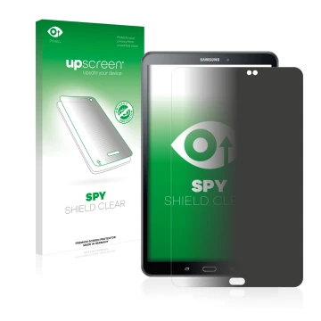 Parte frontal de un envase de producto con el logotipo de la marca upscreen. Al lado se muestra el dispositivo Samsung Galaxy 