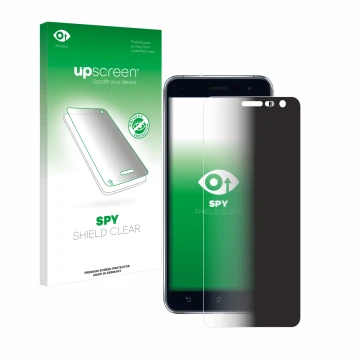 Parte frontal de un envase de producto con el logotipo de la marca upscreen. Al lado se muestra el dispositivo ASUS ZenFone 3 