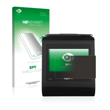 Parte frontal de un envase de producto con el logotipo de la marca upscreen. Al lado se muestra el dispositivo Signotec Signat