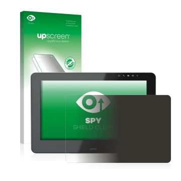 Parte frontal de un envase de producto con el logotipo de la marca upscreen. Al lado se muestra el dispositivo Wacom Cintiq Pr