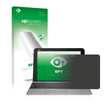 Parte frontal de un envase de producto con el logotipo de la marca upscreen. Al lado se muestra el dispositivo ASUS Transforme