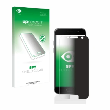 Parte frontal de un envase de producto con el logotipo de la marca upscreen. Al lado se muestra el dispositivo Samsung Galaxy 