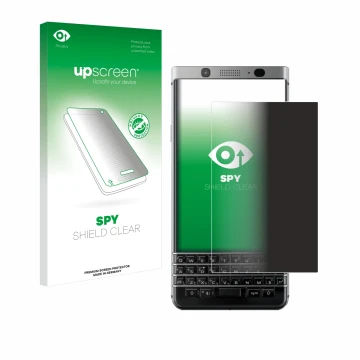 Parte frontal de un envase de producto con el logotipo de la marca upscreen. Al lado se muestra el dispositivo BlackBerry Keyo