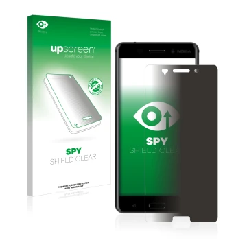 Parte frontal de un envase de producto con el logotipo de la marca upscreen. Al lado se muestra el dispositivo Nokia 6 2017 co