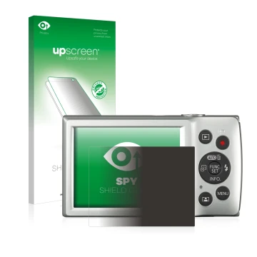 Parte frontal de un envase de producto con el logotipo de la marca upscreen. Al lado se muestra el dispositivo Canon Digital I