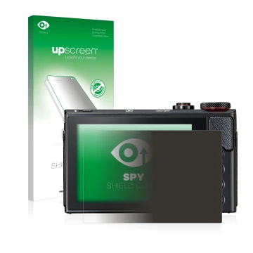 Parte frontal de un envase de producto con el logotipo de la marca upscreen. Al lado se muestra el dispositivo Canon PowerShot