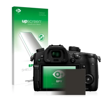 Parte frontal de un envase de producto con el logotipo de la marca upscreen. Al lado se muestra el dispositivo Panasonic Lumix