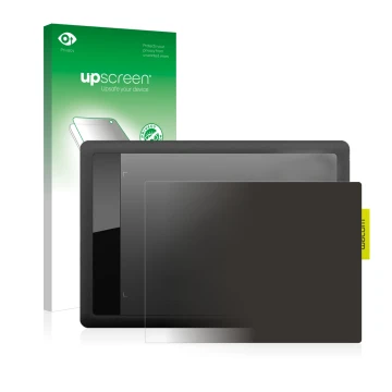 Parte frontal de un envase de producto con el logotipo de la marca upscreen. Al lado se muestra el dispositivo Wacom One s CTL