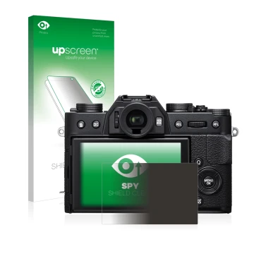 Parte frontal de un envase de producto con el logotipo de la marca upscreen. Al lado se muestra el dispositivo Fujifilm X-T20 