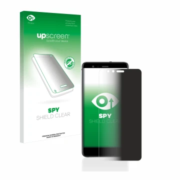 Parte frontal de un envase de producto con el logotipo de la marca upscreen. Al lado se muestra el dispositivo Huawei P10 Lite