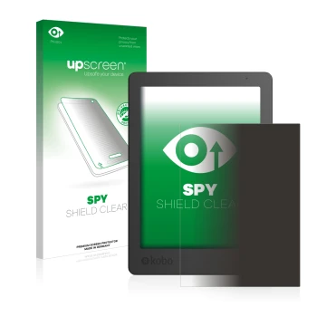 Parte frontal de un envase de producto con el logotipo de la marca upscreen. Al lado se muestra el dispositivo Kobo Aura Editi