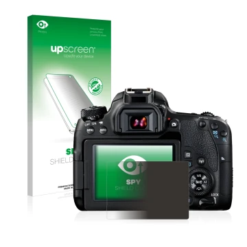Parte frontal de un envase de producto con el logotipo de la marca upscreen. Al lado se muestra el dispositivo Canon EOS 77D c
