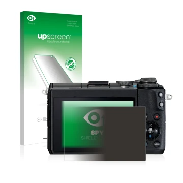 Parte frontal de un envase de producto con el logotipo de la marca upscreen. Al lado se muestra el dispositivo Canon EOS M6 co