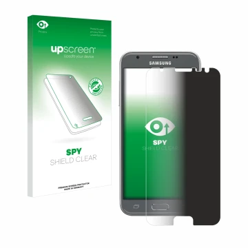 Parte frontal de un envase de producto con el logotipo de la marca upscreen. Al lado se muestra el dispositivo Samsung Galaxy 