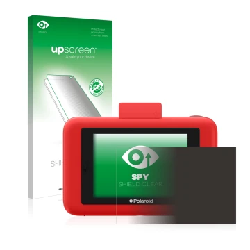 Parte frontal de un envase de producto con el logotipo de la marca upscreen. Al lado se muestra el dispositivo Polaroid Snap T