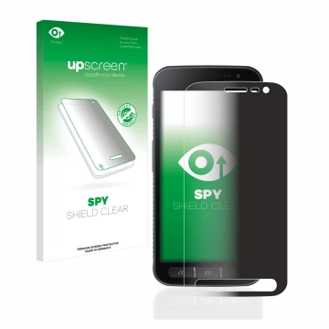 Parte frontal de un envase de producto con el logotipo de la marca upscreen. Al lado se muestra el dispositivo Samsung Galaxy 