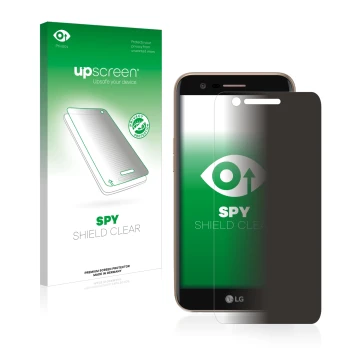 Parte frontal de un envase de producto con el logotipo de la marca upscreen. Al lado se muestra el dispositivo LG K10 2017 con